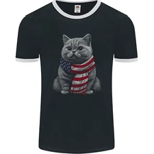 Cat in USA Scarf American Flag Mens Ringer T-Shirt FotL