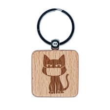 Cat with Mask Judging You Engraved Wood Square Keychain Tag Charm