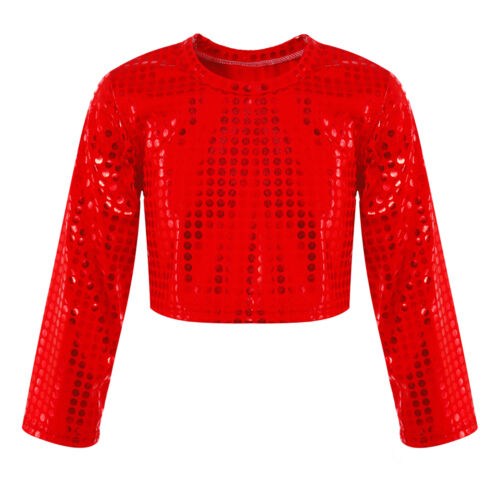 Boys Girls Hiphop Dance Crop Top Sequins Glitter T-shirt Stage Performance Tops - Picture 28 of 45