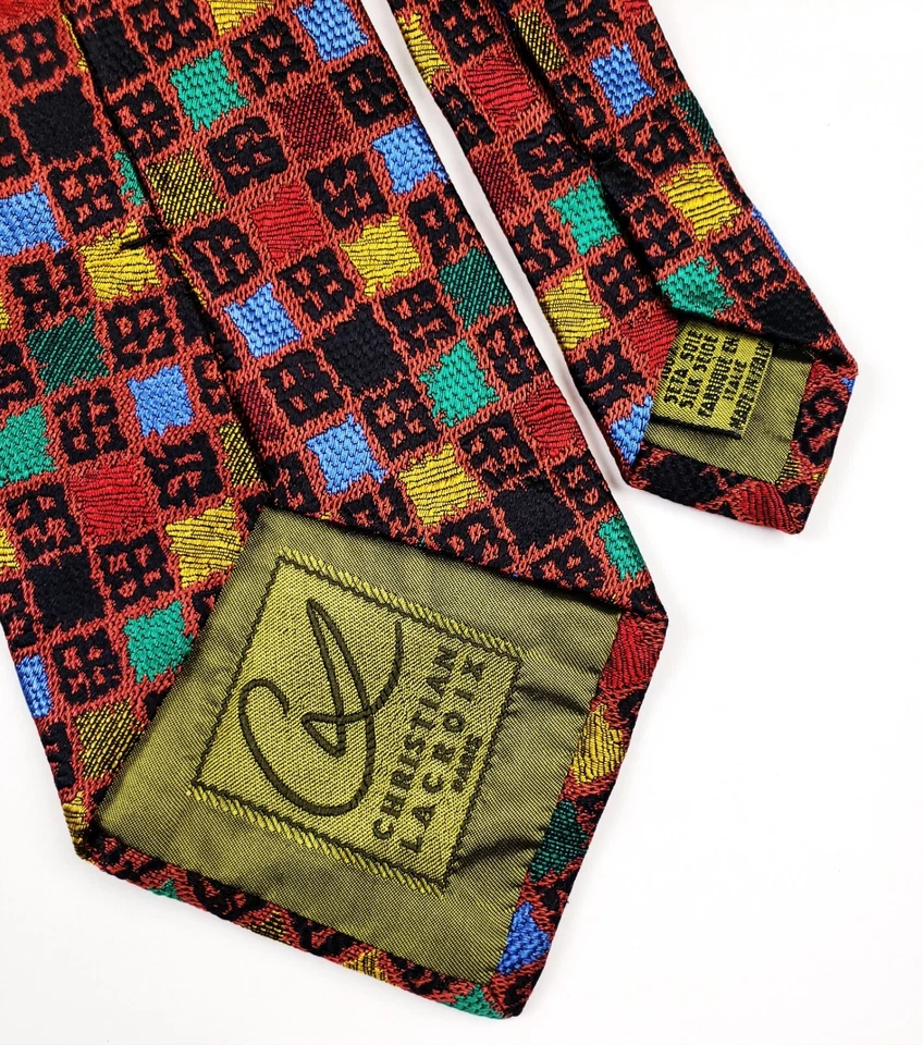 Christian Lacroix Embroidered Checkered Wide Tie 4" Silk 59L - Image 3 of 4