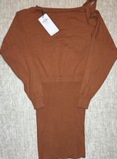 NWT Exlura Womens Bodycon Sweater Dress Sz S Pullover Rustic Brown Ribbed Tie Up