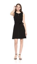Lark & Ro Women's Sleeveless Crew Neck Belted A-Line Dress w Pockets Black Sz 2