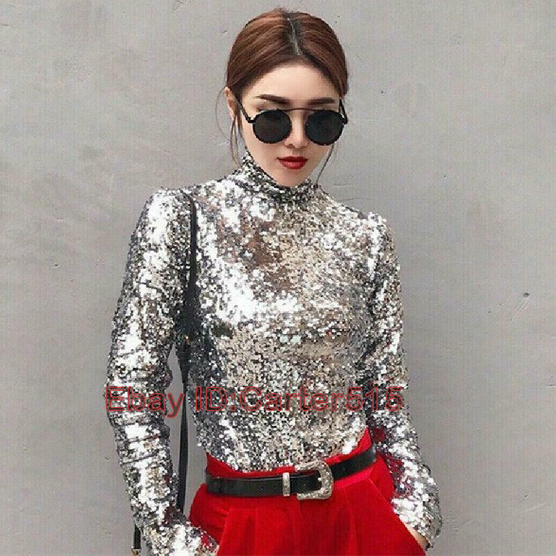 Womens Tops Glitter Silver Sequin High Neck Long Sleeves T-shirt
