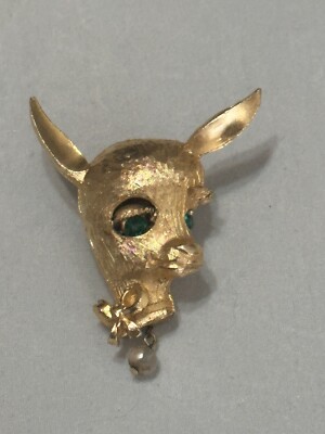 ROYAL JLRY Baby Deer  volumetric Brooch Signed Gold Tone Green Rhinestone VTG