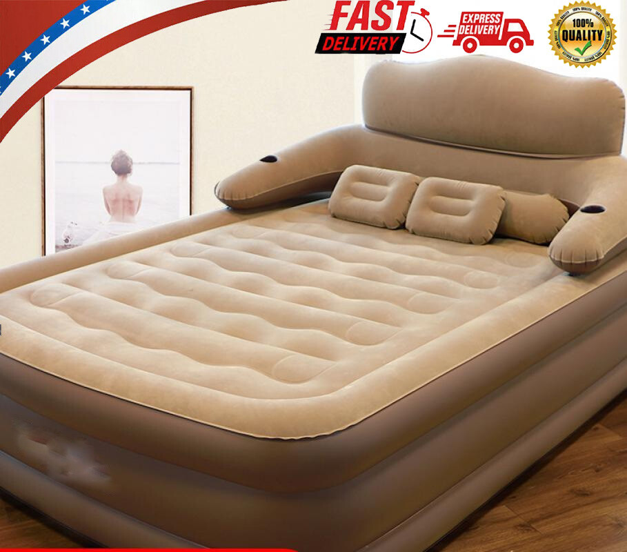 Inflatable High Raised Double Queen Size Air Bed Mattress wi