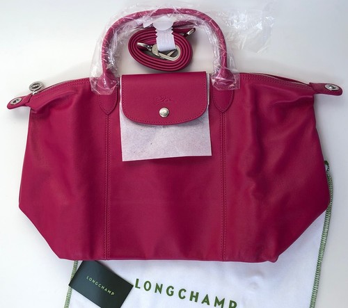 NIB Longchamp Le Pliage Cuir M Leather Zip Tote Shoulder Bag Cyclamen Pink New - Picture 3 of 16