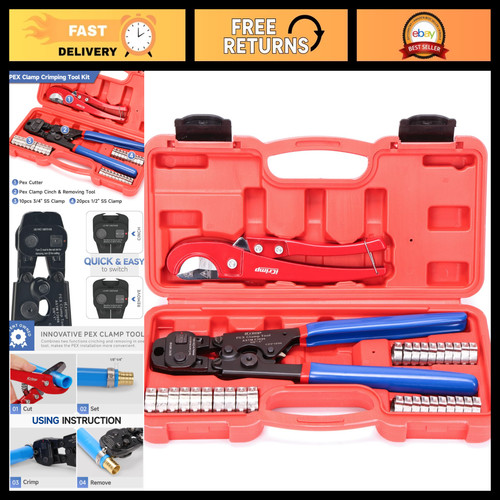 PEX Crimping Tool Kit with Clamps, Cinch & Removal Tool for 3/8"-1" Pipes