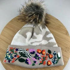 Panache Beanie Hat Womens OSFM Brown Knit Faux Fur Pom Cuffed Crewel Embroidery