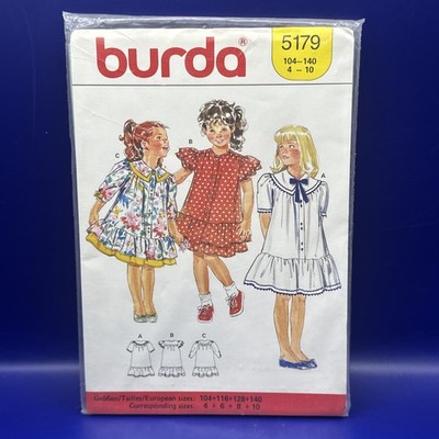 Burda 5179 Drop Waist Girls Dresses Tiered Skirt, Collar Sz 4-10 Uncut