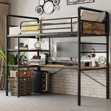 Twin Loft Bunk Bed with L-Shaped Desk, Vintage Brown, Easy Assembly