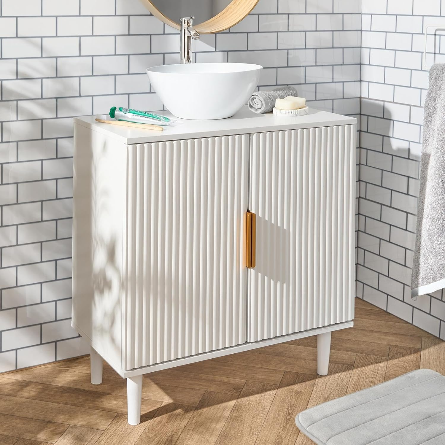 Under Sink Cabinet 60cm Ribbed Doors Storage Bathroom Unit Shelves Freestanding