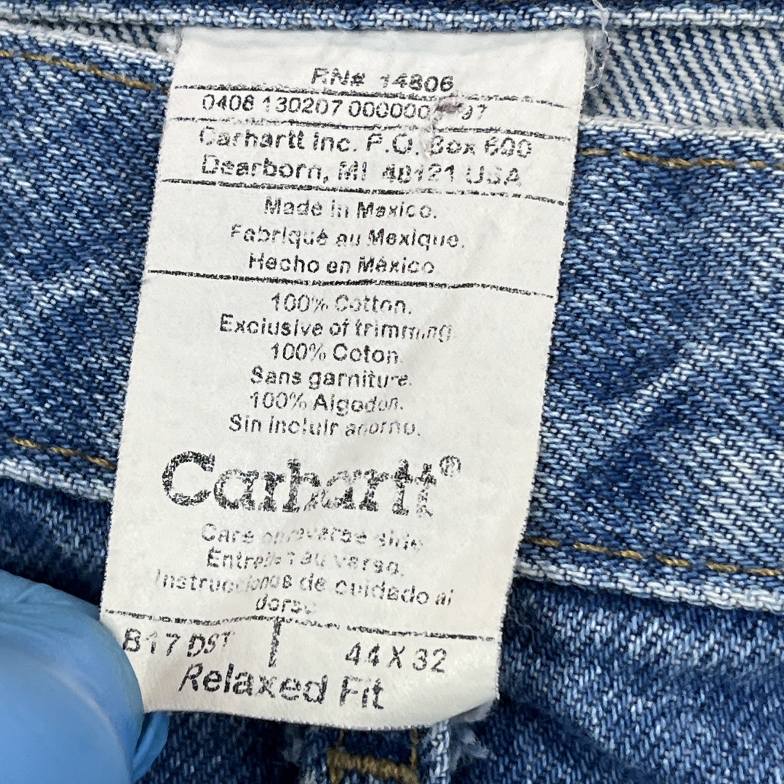 Carhartt Jeans 44x32 Relaxed Fit Work Denim Made in Mexico RN14806 thumbnail 3