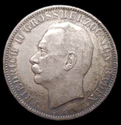 1913 Germany Baden Frederick II 5 Mark AU 90% Silver Coin Toned!! German States