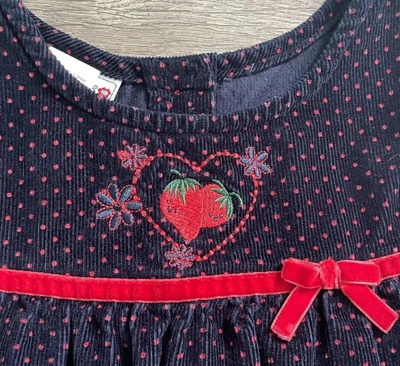 Girls Sz 4 Toddler Embroidered Strawberry & Polka Dot Soft Corduroy Cotton Dress - Image 2 of 3