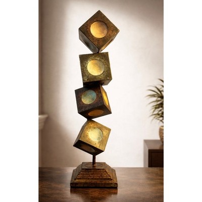 Brutalist Brass Cube Sculpture | Vintage Modernist Geometric Table Art 