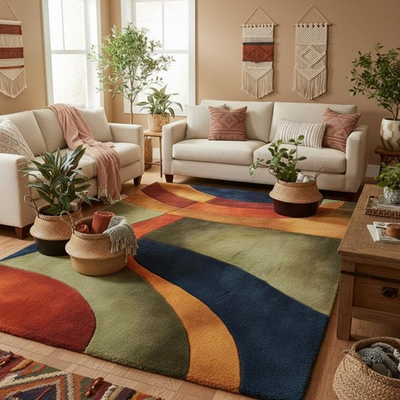 #ad #ad Mid Century Abstract Rug Hand Tufted Wool Irregular Wavy Shape Carpet $1891.00