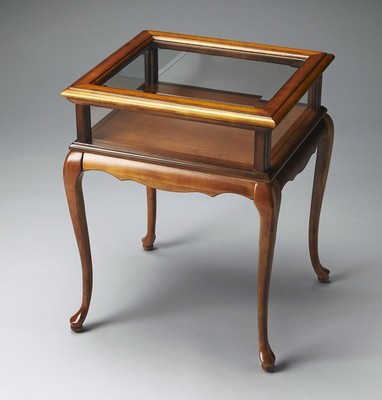 Chelmsford Wood Curio Side Table Glass Top & Sides Display Table Olive Ash Burl