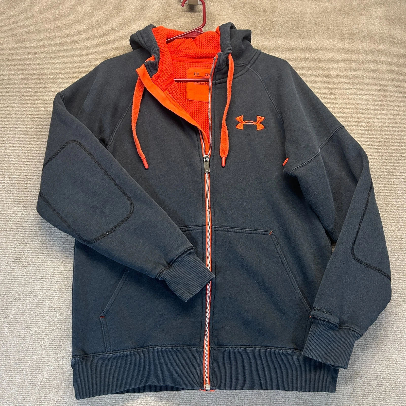Under Armour Thermal Lined Hoodie Men's Small Full Zip Black Orange Heatgear