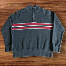 Vintage Eddie Bauer 1/4 Zip Ribbed Knit Pullover Sweater Y2K Gray Stripe Mens L