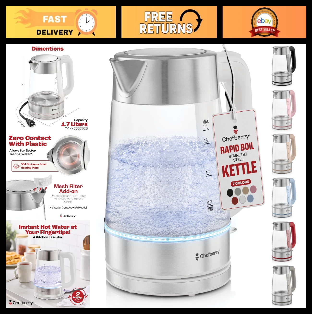 1.7L Electric Kettle for Hot Tea & Water - Stainless Steel, Borosilicate Glass,
