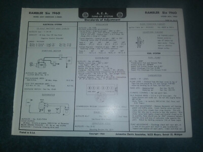 1960 RAMBLER AMERICAN L HEAD 6CYL ENGINE MODELS A.E.A TUNE-UP CHART /USEFUL ITEM