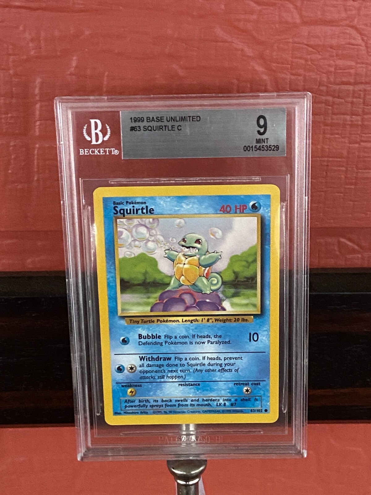 Squirtle 1999 Base Set Unlimited 63/102 Beckett Grading Service Mint 9