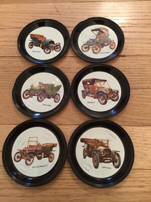 VINTAGE SET 6 CLASSIC OLD CARS METAL COASTERS PLATES CADILLAC, FRANKLIN, WELCH