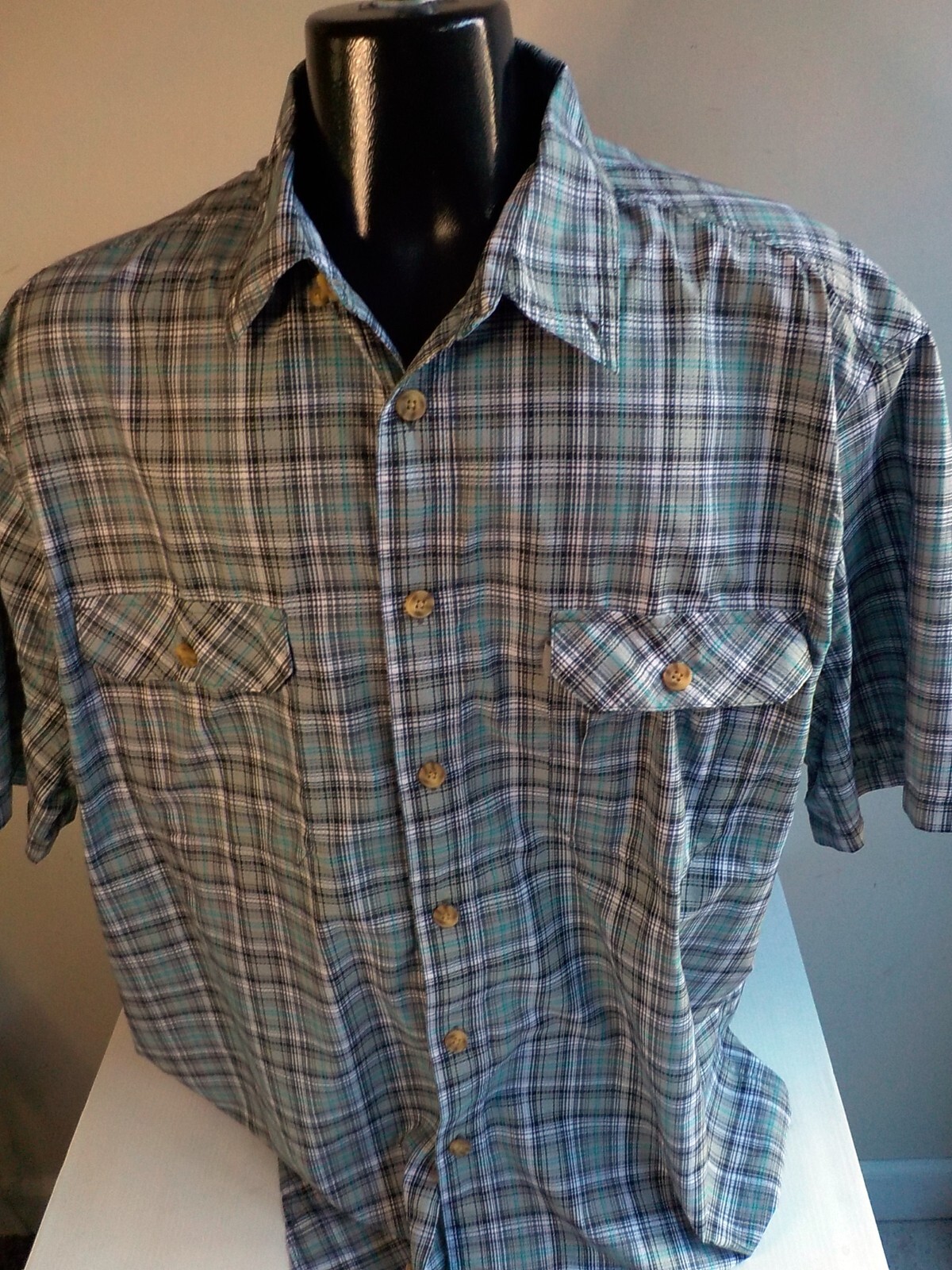 DULUTH TRADING CO. SS Button Down Plaid Shirt-Polyester-Gray/Teal-SZ 2XL TALL