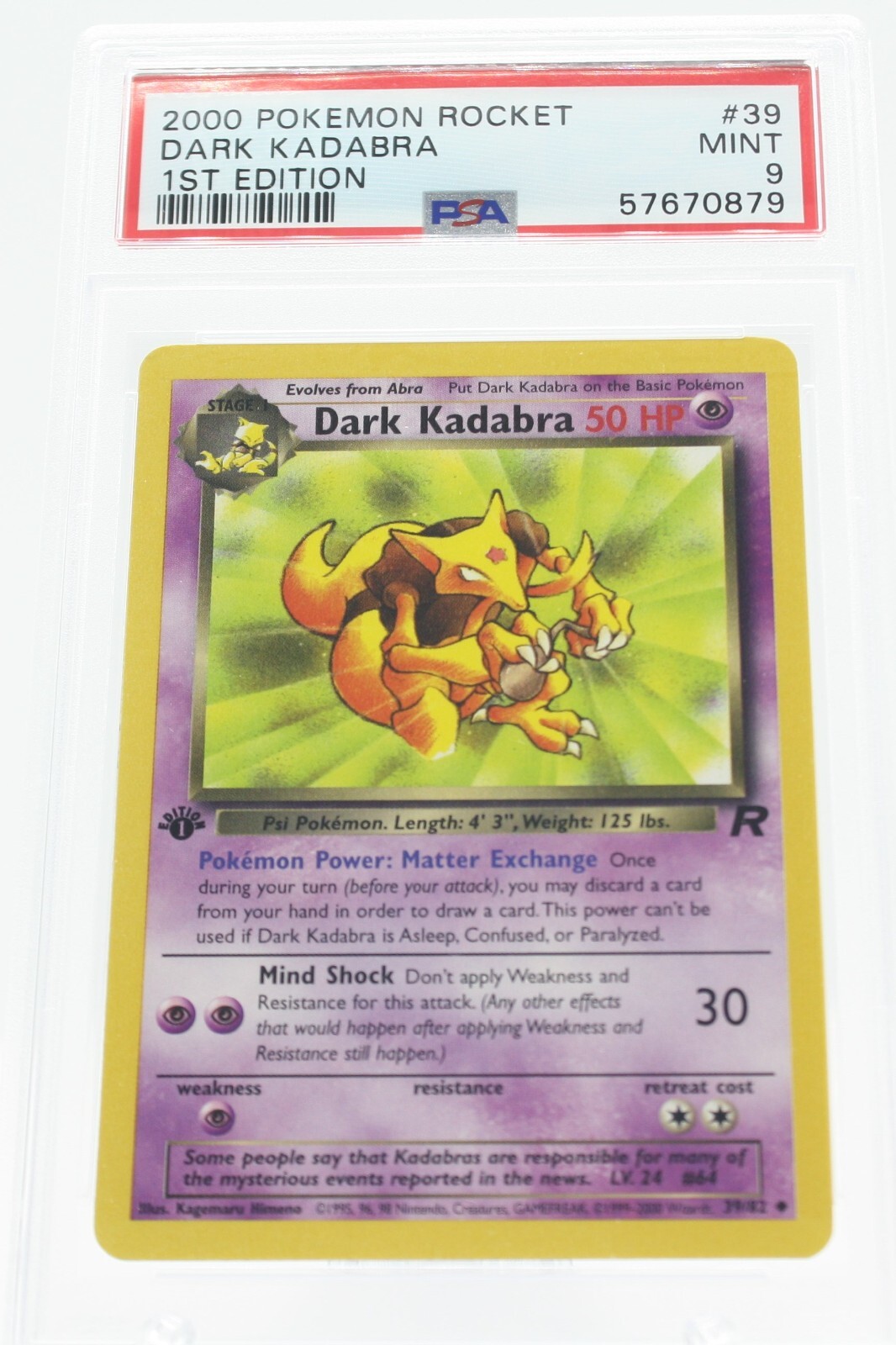 PSA 9 MINT 2000 Pokémon Team Rocket #39 Dark Kadabra 1st Edition !!!