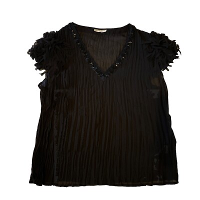 Kaelyn Max XL Black Sheer Top Pleated Shred Fringe Short Sleeve Beaded V Neck