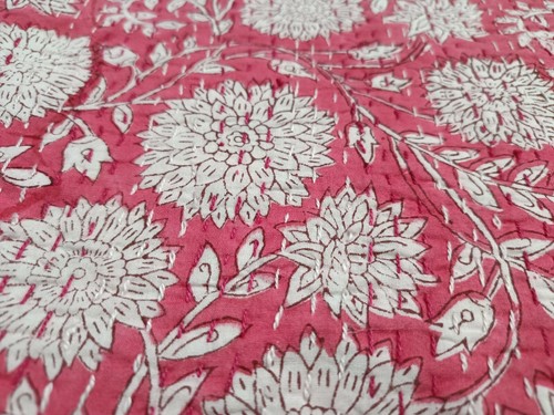 Indian Hand Block Print Queen Size Cotton Kantha Quilt Throw Blanket Bedspread - Picture 3 of 8