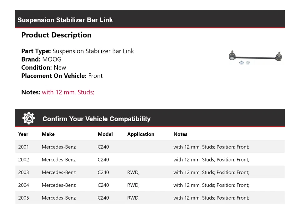 Barra estabilizadora de suspensão dianteira MOOG 2001 para 2001-2005 Mercedes-Benz C240 - Imagem 2 de 4