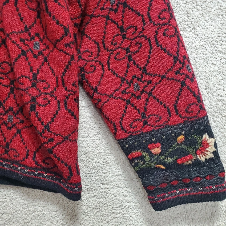 Icelandic Design Cardigan Sweater Wool Women L Red Embroidered Zip Flower Folk - Image 3 of 4
