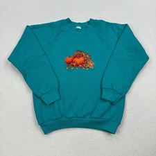 Vintage Fall Sweatshirt Size Small Blue Fleece Crewneck Autumn Pumpkins Corn 90s