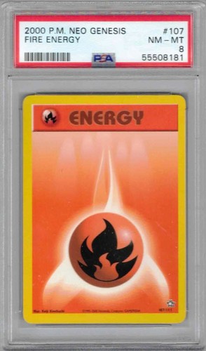 2000 Pokemon Neo Genesis, #107, Fire Energy, PSA 8, NM-MT
