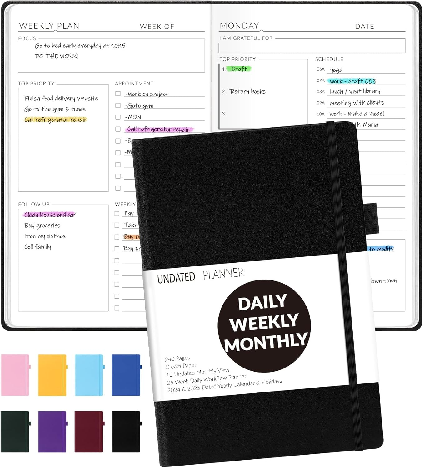 2025 Planner, Hardcover Daily, Weekly & Monthly Planner, Durable Hardcover Weekl