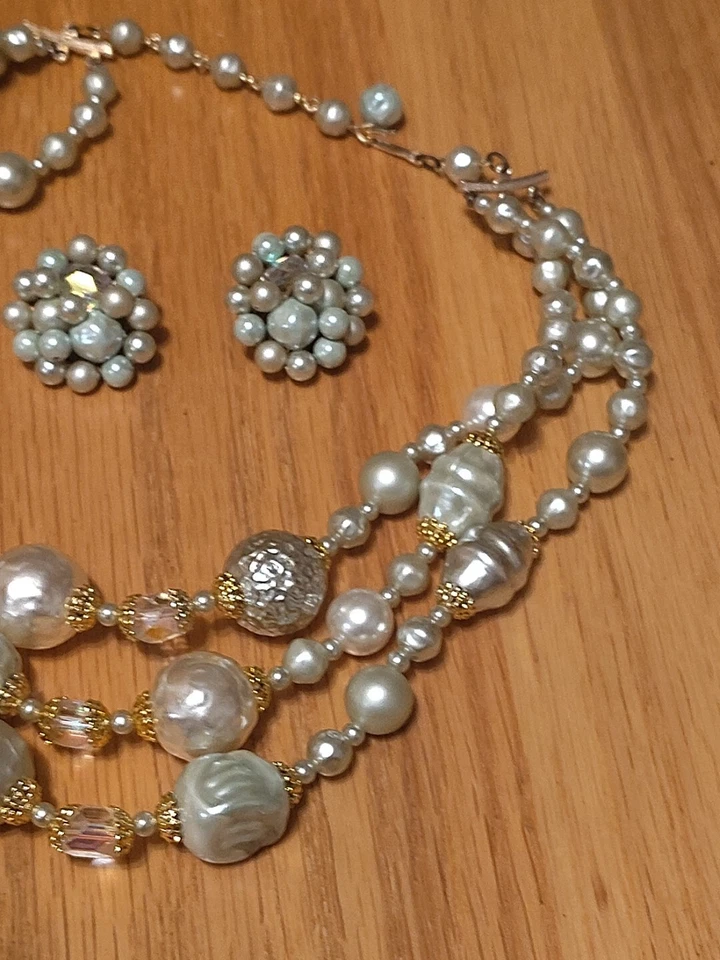 De Colección Japón 3 Capas Multi Hilo Imitación Perla Gargantilla Collar y Clip Conjunto de Pendientes Foto 3 de 4