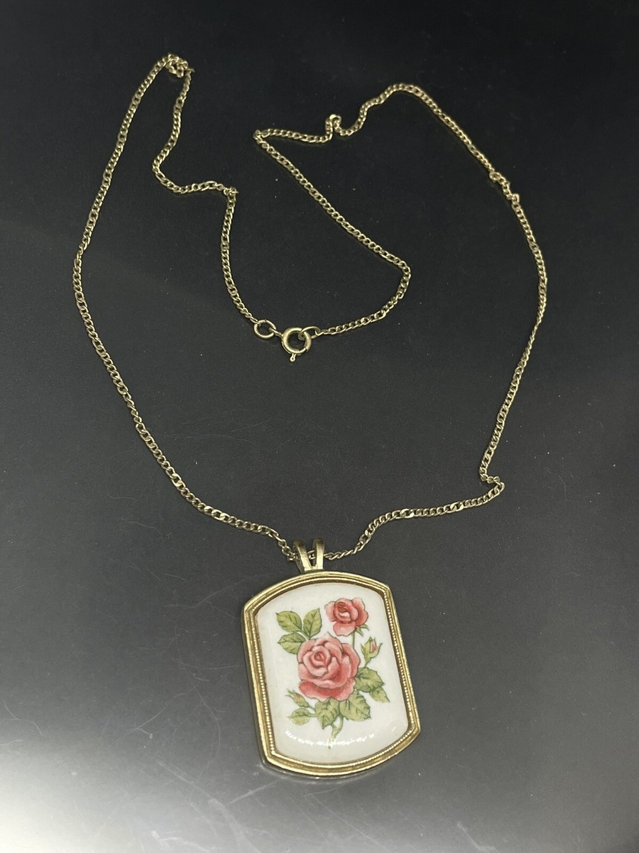 ◇VINTAGE HOLLYWOOD◇ Color Rose Necklace_VH2435NE010M Vintage Avon Rose Porcelain Floral Heritage GoldTone 19