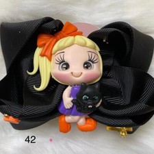 Hair Bow Girls Black Halloween Girl  Cat Clip Claydoll Handmade Brazil Boutique