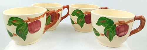 Vintage Franciscan Apple Pottery Tea Coffee Mug Cup Beige Branch Handle Set of 4