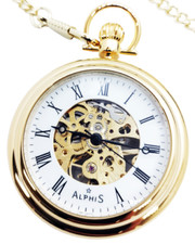 Alphis Orologio Svizzero Da Tasca Scheletrico Placcato Oro Piedistallo + Catena