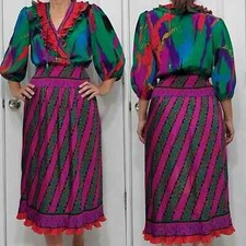 Vintage Susan Freis x Assorti faux wrap midi dress multi color and print medium