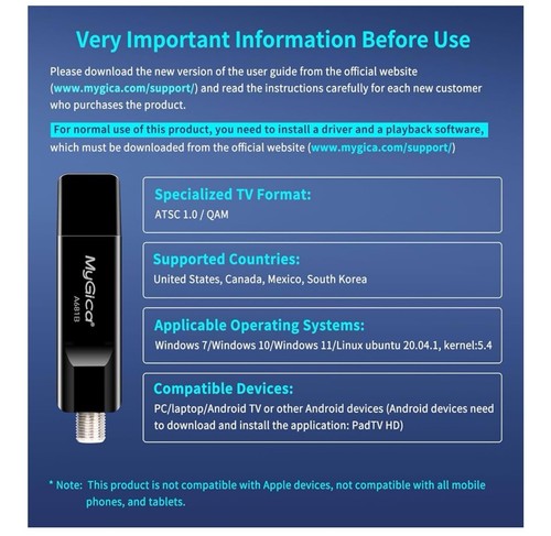 Mygica A681B USB 2.0 TV Tuner Card, ATSC HD Digital External HDTV Tuner Stick Do - Afbeelding 2 van 11