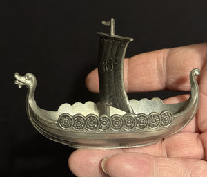 Vintage Norwegian PEWTER Viking Ship Boat HANDSTOPT TINN Miniature Figurine