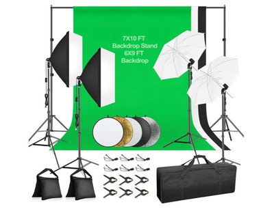 Kit fotográfico 7x10ft con fondos, softbox LED y reflectores para estudio. NUEVO