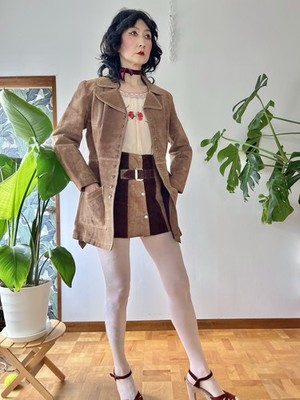 VTG 60s Mod Suede Mini Coat Jacket Caramel Brown Belted Snap Front Carnaby XS/S