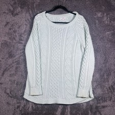 LL Bean Signature Mint Green Cable Knit Cotton Sweater Side Zip Size L 297470