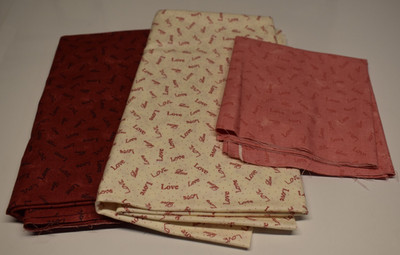 3 piece fabric lot 2 yds + LOVE heart soul RED PINK WHITE sandy gervais NOVELTY
