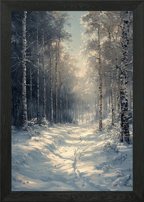 Verschneiter verzauberter Wald in Monochrom gerahmtes Wandbild Poster Leinwanddruck Bild
