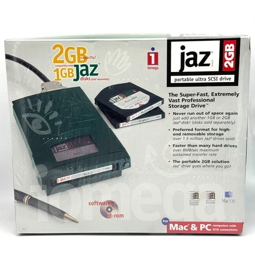 iomega Jaz Brand 2GB Portable Ultra SCSI Drive Deadstock Sealed Windows Mac 90s